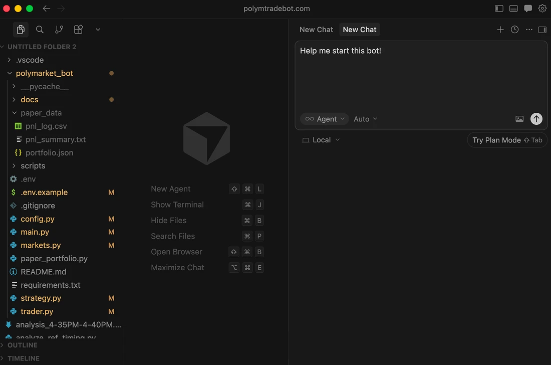 The bot's folder open in an AI code editor with the request: Help me start this bot!